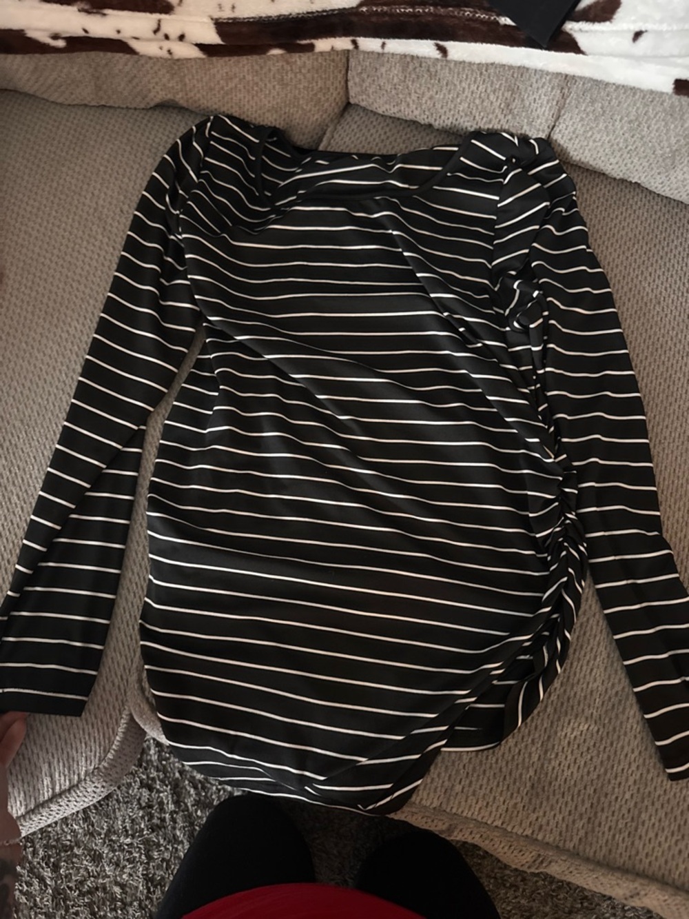 SHEIN Black and White Striped Long-Sleeve Ruched Side Top